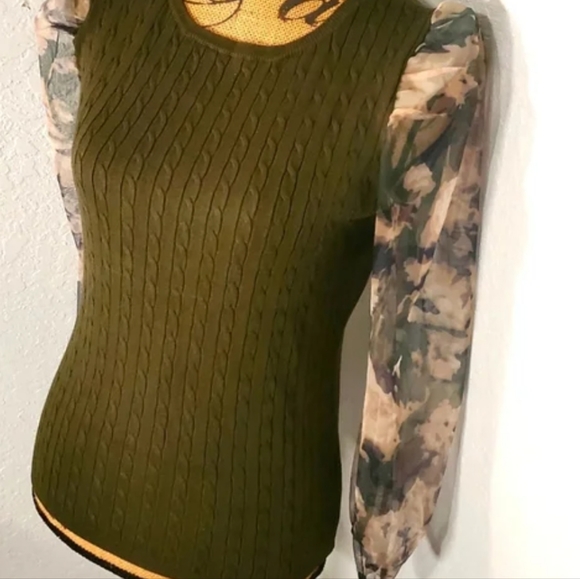 Cable Knit Sweater with Sheer Sleeve - Picture 1 of 6